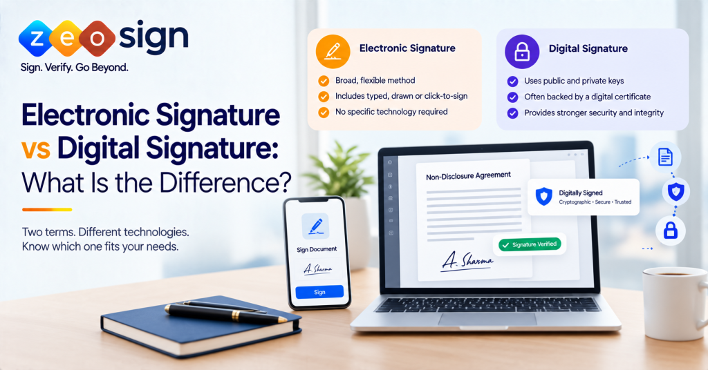 ZeoSign banner titled "Electronic Signature vs Digital Signature: What Is the Difference?" showing a laptop with a Non-Disclosure Agreement marked "Signature Verified" and "Digitally Signed," a phone with a Sign Document screen, and comparison cards listing electronic signature traits (broad, flexible method; typed, drawn or click-to-sign; no specific technology required) against digital signature traits (public and private keys; digital certificate; stronger security and integrity)