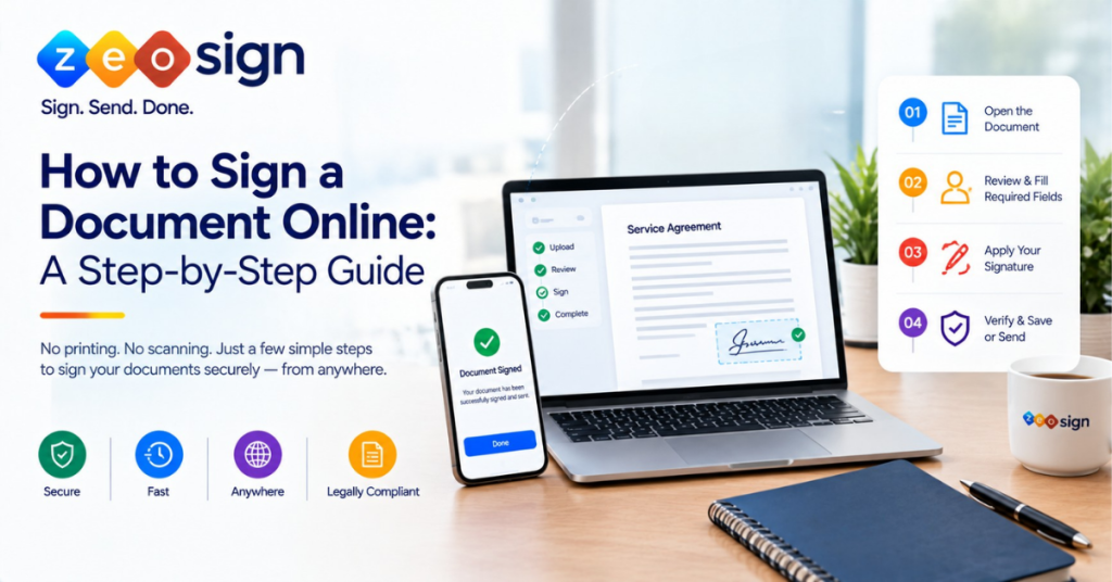 Laptop and smartphone showing a signed service agreement, with ZeoSign’s steps for signing a document online: open, review, sign, verify and send.